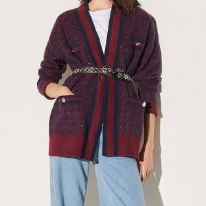 Sandro Sweater Cardigan V Neck Blue Red Sequin Oversized Christmas